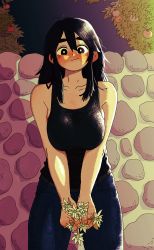 Rule 34 | 1girl, absurdres, black eyes, black hair, blush, breasts, closed mouth, collarbone, eyebrows, flower, highres, holding, holding flower, kms2605, large breasts, long hair, looking at viewer, original, outdoors, smile, solo, sunset, tank top, thick eyebrows, v arms