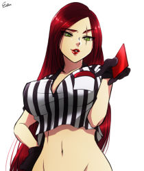 Rule 34 | 1girl, breasts, esther shen, gloves, groin, katarina (league of legends), league of legends, lipstick, long hair, looking at viewer, makeup, medium breasts, midriff, red card, red hair, referee, scar, solo, stomach