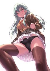 Rule 34 | 1girl, absurdres, aqua eyes, aqua hair, black panties, blush, breasts, brown thighhighs, closed mouth, clothes lift, highres, jacket, kantai collection, large breasts, lifted by self, long hair, long sleeves, looking at viewer, panties, pleated skirt, school uniform, shirt, sidelocks, simple background, skirt, skirt lift, smile, solo, suzuya (kancolle), thighhighs, ulrich (tagaragakuin), underwear, white background