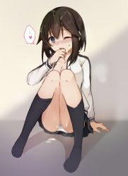 Rule 34 | 10s, 1girl, after fellatio, black hair, blue eyes, blush, breasts, cleavage, cum, cum on hair, facial, hayasui (kancolle), heart, heart-shaped pupils, highres, jacket, kantai collection, knees together feet apart, long sleeves, looking at viewer, one eye closed, open clothes, pandamocomoco, panties, pantyshot, pleated skirt, short hair, simple background, sitting, skirt, solo, spoken heart, symbol-shaped pupils, track jacket, underwear, yuukome (tekunon)