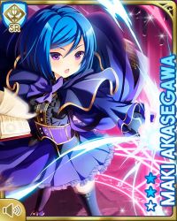 Rule 34 | 1girl, akasegawa maki, alternate costume, blue hair, blue skirt, book, bow, card, character name, collar, corset, girlfriend (kari), holding, indoors, jewelry, looking to the side, magic, magic circle, necklace, official art, open mouth, plaid, purple bow, purple eyes, qp:flapper, school uniform, short hair, skirt, table, tagme