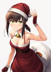 Rule 34 | 1girl, bell, belt, black belt, black hair, blush, breasts, cleavage, detached collar, fingerless gloves, fubuki (kancolle), gloves, green eyes, hair between eyes, hat, highres, ichikawa feesu, kantai collection, medium breasts, open mouth, pom pom (clothes), red gloves, red hat, sack, santa costume, santa hat, short hair, short ponytail, simple background, solo, white background