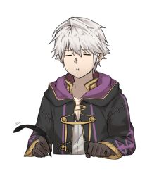 Rule 34 | 1boy, black robe, brown gloves, closed eyes, commentary, cropped torso, fire emblem, fire emblem awakening, gloves, gold trim, highres, holding, holding quill, hooded robe, male focus, nintendo, pout, quill, robe, robin (fire emblem), robin (male) (fire emblem), short hair, simple background, solo, symbol-only commentary, upper body, white background, white hair, writing, zuzu (ywpd8853)