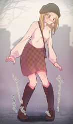 Rule 34 | 1girl, bag, bare tree, beanie, blonde hair, blush, boots, breasts, breath, brown footwear, brown skirt, constricted pupils, earrings, embarrassed, female focus, forehead, green hat, hat, highres, japanese text, jewelry, knee boots, long hair, long sleeves, looking down, medium breasts, miniskirt, nose blush, open mouth, original, outdoors, pee, peeing, peeing self, pigeon-toed, plaid, plaid skirt, puddle, purple eyes, shirt, shirt tucked in, shoulder bag, skirt, solo, standing, stud earrings, sweat, tears, translation request, tree, unmoving pattern, watakarashi, white shirt, wide-eyed