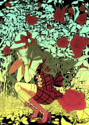 Rule 34 | 1girl, adapted costume, black background, boots, bow, head rest, collared shirt, colored eyelashes, cross-laced footwear, flower, gloves, grass, green hair, hat, hat bow, high heel boots, high heels, kazami yuuka, kazami yuuka (pc-98), kneehighs, lace-up boots, long hair, looking at viewer, maro4, nature, necktie, pants, plaid, plaid pants, plaid vest, pointy nose, rose, shirt, short sleeves, shovel, skinny, smile, socks, solo, spot color, squatting, touhou, touhou (pc-98), very long hair, worktool