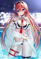 Rule 34 | 1girl, blue eyes, blush, breasts, detached collar, gloves, hair between eyes, hololive, inari (ambercrown), large breasts, long hair, long sleeves, looking at viewer, multicolored hair, navel, necktie, outdoors, pink hair, smile, solo, swimsuit, takane lui, thigh strap, very long hair, virtual youtuber, wading, wet