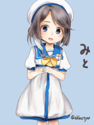 Rule 34 | 1girl, akino shuu, black hair, blue background, blue eyes, blush, dress, feet out of frame, hat, kaiboukan no. 30 (kancolle), kantai collection, open mouth, puffy short sleeves, puffy sleeves, sailor dress, sailor hat, short hair, short sleeves, simple background, solo, twitter username, white dress, white hat