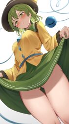 Rule 34 | 1girl, absurdres, black headwear, blush, bottomless, breasts, clothes lift, commentary request, gluteal fold, green eyes, green hair, green skirt, heart, heart of string, highres, komeiji koishi, lifted by self, long sleeves, looking at viewer, medium breasts, nagomian, no panties, shirt, short hair, simple background, skirt, skirt lift, solo, third eye, touhou, variant set, white background, yellow shirt
