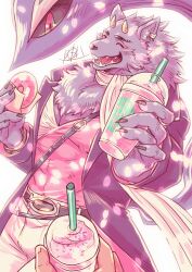 Rule 34 | 1boy, ambiguous gender, bathym (housamo), cherry blossoms, claws, closed eyes, cup, demon, demon horns, demon tail, doughnut, drink, ear piercing, fangs, food, furry, furry male, furry with non-furry, holding, holding cup, holding food, horns, interspecies, open mouth, piercing, tail, tokyo houkago summoners, white background, zinpati