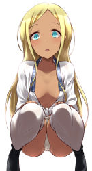 Rule 34 | 1girl, :o, ankle boots, black footwear, blonde hair, blouse, blue eyes, blush, boots, breasts, collarbone, dark-skinned female, dark skin, forehead, fundoshi, hands on own thighs, happi, idolmaster, idolmaster cinderella girls, japanese clothes, knees together feet apart, layla (idolmaster), long hair, looking at viewer, open clothes, open mouth, open shirt, parted bangs, shirt, short sleeves, sidelocks, simple background, small breasts, solo, squatting, straight hair, tango (tn500), tareme, thighhighs, tied cothes, very long hair, white background, white thighhighs