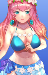 Rule 34 | 1girl, bikini, blonde hair, blue background, blue eyes, breasts, cleavage, commentary, earrings, fire emblem, fire emblem heroes, gradient hair, gunnthra (fire emblem), head wreath, jewelry, jurge, large breasts, long hair, multicolored hair, navel, nintendo, parted lips, pink hair, sarong, simple background, solo, swimsuit