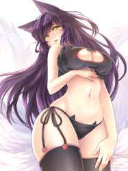 Rule 34 | 1girl, ahri (league of legends), animal ears, bare shoulders, bell, neck bell, blush, bra, breasts, cat cutout, cat ear panties, cat lingerie, choker, cleavage, cleavage cutout, clothing cutout, curvy, facial mark, fox ears, fox tail, large breasts, league of legends, long hair, looking at viewer, meme attire, navel, panties, parted lips, piko (mea), purple hair, side-tie panties, smile, solo, tail, thighhighs, underwear, underwear only, whisker markings, wide hips, yellow eyes