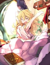 Rule 34 | armpits, arms behind head, bed, blonde hair, book, bookshelf, curtains, fang, furorina, highres, kirisame marisa, light rays, long hair, navel, one eye closed, open mouth, open window, pillow, sleepwear, solo, stretching, sunbeam, sunlight, touhou, under covers, window, yawning, yellow eyes