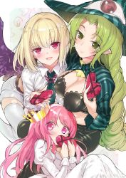 Rule 34 | 1boy, 2girls, :3, :d, beatmania, beatmania iidx, black bra, blonde hair, blush, box, bra, braid, breasts, cleavage, covering own mouth, crown, dress, eyeball, faula, faula (beatmania), green eyes, green hair, hat, heart-shaped box, incoming gift, jpeg artifacts, juliet sleeves, long hair, long sleeves, multiple girls, mutsutake, open clothes, open mouth, open shirt, pink eyes, pink hair, plaid, puffy sleeves, rche (beatmania), red eyes, shirt, shorts, smile, striped, sumomo (beatmania), thighhighs, trap, underwear, valentine, very long hair, white dress, white legwear, wings, witch hat