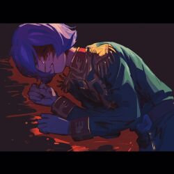 Rule 34 | 1boy, belt, black border, blood, blood from mouth, blood on clothes, blood on face, blood on gloves, blue hair, border, brown background, brown belt, closed eyes, death, epaulettes, garma zabi, gloves, green jacket, gundam, high collar, jacket, letterboxed, long sleeves, lying, male focus, military uniform, mobile suit gundam, on side, parted lips, pool of blood, purple hair, short hair, simple background, solo, spoilers, tira zhang, uniform, white gloves