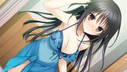 Rule 34 | 1girl, arms up, bare shoulders, black eyes, black hair, blush, breasts, cleavage, game cg, hitsuji takako, kiss ato, large breasts, legs, long hair, looking at viewer, natsume azusa, smile, solo, standing, swimsuit, thighs
