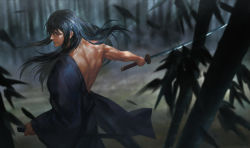 Rule 34 | 1boy, back, bamboo, bamboo forest, bishounen, blue hair, blurry, closed mouth, depth of field, falling leaves, floating hair, forest, from behind, gintama, hangleing, holding, holding sword, holding weapon, japanese clothes, katsura kotarou, leaf, long hair, looking at viewer, looking back, male focus, motion blur, nature, off shoulder, outdoors, scabbard, scratches, sheath, solo, sword, unsheathed, upper body, weapon