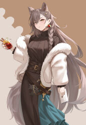 Rule 34 | 1girl, absurdres, amam (64943468), animal ears, arknights, braid, brown eyes, brown hair, cup, dress, drinking glass, earrings, fur-trimmed jacket, fur trim, highres, holding, holding cup, jacket, jewelry, long dress, long hair, mole, mole on forehead, penance (arknights), penance (occasionally flushed) (arknights), ribbed sweater, side braid, sweater, tail, wolf ears, wolf tail