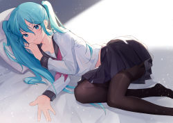 Rule 34 | 1girl, aqua eyes, aqua hair, aqua nails, closed mouth, commentary request, earrings, hair between eyes, hatsune miku, highres, jewelry, light smile, long hair, looking at viewer, lying, nail polish, no shoes, on bed, on side, pantyhose, pillow, school uniform, serafuku, skirt, solo, twintails, very long hair, vocaloid, yayako (804907150)