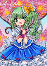 Rule 34 | 1girl, :d, back bow, blue skirt, blue vest, bow, cowboy shot, daiyousei, fairy wings, fang, floral background, flower, flower ornament, frilled shirt, frilled shirt collar, frilled skirt, frills, green eyes, green hair, hair between eyes, long hair, looking at viewer, marker (medium), open mouth, pink background, puffy short sleeves, puffy sleeves, rose, rui (sugar3), sample watermark, shirt, short sleeves, side ponytail, skirt, skirt set, smile, solo, touhou, traditional media, vest, watermark, white bow, white flower, white rose, white shirt, wings, wrist cuffs