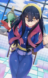 Rule 34 | 1girl, belt, black hair, blue jacket, blue pants, buttons, carmine (pokemon), commentary request, creatures (company), crossed bangs, day, fanny pack, game freak, gloves, grin, hair between eyes, hairband, hands up, highres, jacket, long hair, long sleeves, looking at viewer, mole, mole under eye, nintendo, pants, partially fingerless gloves, pokemon, pokemon (creature), pokemon sv, single glove, sinistcha, smile, standing, teeth, umiru, yellow bag, yellow eyes, yellow hairband