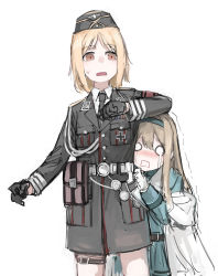 Rule 34 | 2girls, armband, belt, belt pouch, black gloves, blonde hair, blue jacket, blush, brown eyes, cowboy shot, cross, crying, garrison cap, girls&#039; frontline, gloves, grey jacket, hairband, hat, hiding, hiding behind another, highres, iron cross, jacket, long hair, long sleeves, looking at viewer, mp40 (girls&#039; frontline), multiple girls, necktie, o o, open mouth, pouch, rampart1028, short hair, simple background, streaming tears, suomi (girls&#039; frontline), sweat, tears, thigh strap, white background, white gloves