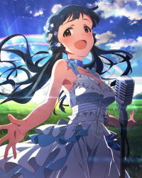 Rule 34 | 10s, 1girl, :d, blue hair, blue sky, brown eyes, cloud, day, flower, grass, grasslands, hair flower, hair ornament, idolmaster, idolmaster million live!, kitakami reika, lens flare, long hair, looking at viewer, low twintails, microphone, microphone stand, music, official art, open mouth, outdoors, rainbow, singing, sky, smile, solo, sunrise, twintails