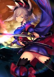 Rule 34 | 1girl, bare shoulders, blue eyes, center opening, dual wielding, earrings, fate/grand order, fate (series), glowing, grey hair, hair ornament, high heels, highres, holding, jewelry, karlwolf, katana, long sleeves, looking at viewer, miyamoto musashi (fate), miyamoto musashi (third ascension) (fate), ponytail, skirt, smile, solo, sunset, sword, thighhighs, weapon