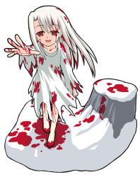 Rule 34 | 1girl, blood, blood in hair, blood on clothes, blood on face, blood on feet, blood on hands, blood on leg, blood stain, dress, fate/stay night, fate (series), illyasviel von einzbern, kaze shibuki, long hair, looking at viewer, open mouth, outstretched arm, reaching, reaching towards viewer, red eyes, smile, snow, solo, torn clothes, white dress, white hair