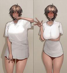 Rule 34 | 1girl, ahoge, arm under breasts, averting eyes, black choker, breasts, brown hair, choker, collarbone, cowboy shot, hand up, highres, huge breasts, jewelry, limbus company, looking at viewer, meme, multiple views, no pants, outis (project moon), oversized clothes, oversized shirt, pajamas challenge (meme), project moon, rhlatm, ring, shirt, short hair, short sleeves, wedding ring, white shirt
