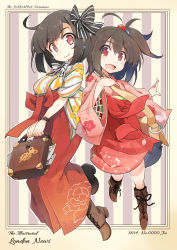 Rule 34 | 2girls, bag, beige background, blush, boots, bow, briefcase, brown hair, cross-laced footwear, earrings, floral print, gears, hair bobbles, hair bow, hair ornament, hakama, hakama skirt, highres, japanese clothes, jewelry, kimono, lace-up boots, looking at viewer, meiji schoolgirl uniform, multiple girls, open mouth, original, paper, pink kimono, ponytail, red eyes, red hakama, senhappyaku, short hair, shoulder bag, skirt, smile, striped, striped background, tasuki, watch, wide sleeves, wristwatch