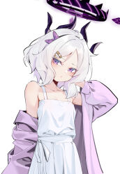 Rule 34 | 1girl, alternate hair length, alternate hairstyle, black horns, blue archive, blush, breasts, cleavage, collarbone, demon horns, dress, grey hair, halo, highres, hina (blue archive), horns, jacket, long sleeves, multiple horns, open clothes, open jacket, painterliuhao, parted lips, purple eyes, purple jacket, short hair, simple background, small breasts, solo, upper body, white background, white dress