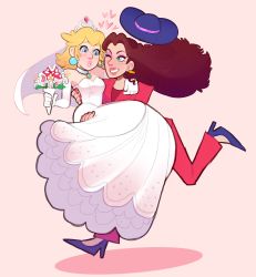 Rule 34 | 2girls, blonde hair, blue eyes, bouquet, bridal veil, brown hair, carrying, donkey kong (series), dress, ear piercing, earrings, elbow gloves, female focus, flower, gloves, hand around neck, hat, heart, high heels, highres, jewelry, lipstick, long hair, makeup, mario (series), multiple girls, nail polish, nintendo, one eye closed, pauline (mario), piercing, piranha plant, princess carry, princess peach, red nails, red suit, smile, suit, super mario odyssey, sutexii, tiara, veil, wedding dress, white dress, white gloves, wink, yuri