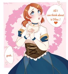 Rule 34 | 1girl, absurdres, blue eyes, blush, corset, donna (genshin impact), dress, genshin impact, highres, looking up, md5 mismatch, orange hair, own hands clasped, own hands together, self-upload, short twintails, solo, speech bubble, spooky-dollie, twintails