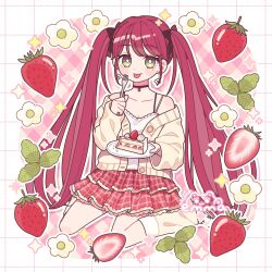 Rule 34 | 1girl, :p, artist name, black choker, blush stickers, breasts, bright pupils, brown cardigan, cake, cake slice, camisole, cardigan, choker, cleavage, dotted line, earrings, emma (kumaema), flower, food, fork, frilled skirt, frills, fruit, green eyes, grid background, highres, holding, holding fork, holding plate, jewelry, kneehighs, long hair, looking at viewer, mole, off shoulder, original, outline, plate, pleated skirt, red hair, red sky, sitting, skirt, sky, socks, solo, strawberry, strawberry shortcake, tongue, tongue out, twintails, very long hair, wariza, white camisole, white outline