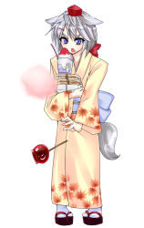 Rule 34 | 1girl, animal ears, bad id, bad pixiv id, candy apple, clog sandals, cotton candy, female focus, food, geta, hair ornament, hairclip, hat, inubashiri momiji, japanese clothes, kimono, purple eyes, shaved ice, short hair, silver hair, simple background, solo, sushikuugo (suisen), tail, tokin hat, touhou, wolf ears, wolf tail