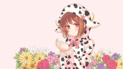 Rule 34 | 1girl, animal ears, animal print, blush, bow, brown background, brown eyes, brown hair, closed mouth, cow ears, cow hood, cow horns, cow print, fingernails, flower, hair flower, hair ornament, hands up, highres, hood, hoodie, horns, long sleeves, makiaato, nail polish, original, pink bow, pink flower, pink nails, purple flower, red flower, red rose, rose, simple background, smile, solo, striped, striped bow, white flower, yellow flower