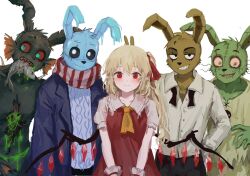 Rule 34 | 1girl, 4boys, animal ears, black sclera, blonde hair, colored sclera, copyright request, fins, fish, five nights at freddy&#039;s, flandre scarlet, furry, glowing, glowing eyes, grin, head fins, himuhino, looking at viewer, mouth hold, multiple boys, no headwear, one side up, rabbit ears, red eyes, scar, sharp teeth, smile, springtrap, teeth, touhou, wings, zombie