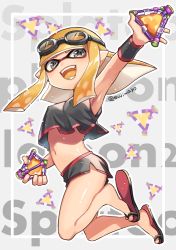 Rule 34 | arm up, armpits, black eyes, black shorts, breasts, covered erect nipples, crop top, fangs, flip-flops, goggles, goggles on head, highres, inkling, inkling girl, inkling player character, long hair, looking at viewer, navel, nintendo, open mouth, orange hair, pointy ears, sandals, shina shina, shorts, sleeveless, small breasts, solo, splatoon (series), splatoon 2, tentacle hair