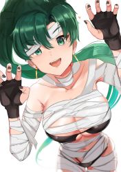 Rule 34 | 1girl, absurdres, bandages, bikini, black bikini, breasts, collarbone, commentary request, fangs, fingerless gloves, fingernails, fire emblem, fire emblem: the blazing blade, fire emblem heroes, gloves, green eyes, green hair, halloween costume, highres, large breasts, lips, long hair, looking at viewer, lyn (fire emblem), mummy, mummy costume, nail polish, navel, nintendo, open mouth, ormille, ponytail, simple background, smile, solo, swimsuit, white background