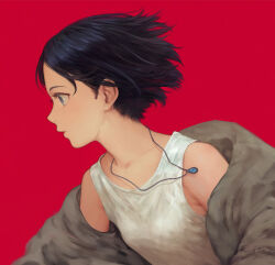 1girl bare_shoulders black_hair blue_eyes breasts commentary dojen english_commentary eyelashes from_side grey_jacket highres jacket jewelry necklace off_shoulder original parted_lips profile red_background short_hair signature simple_background small_breasts solo tank_top white_tank_top wind