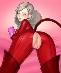 Rule 34 | 1girl, anus, ass, atlus, blonde hair, blue eyes, blush, bodysuit, breasts, cat tail, catsuit, cleft of venus, crotch cutout, earrings, fake tail, feet out of frame, female focus, gloves, hair ornament, hairclip, half-closed eyes, highres, jewelry, long hair, loodncrood, looking at viewer, looking back, lying, mask, medium breasts, on stomach, open mouth, persona, persona 5, pink gloves, pussy, red bodysuit, shiny clothes, sideboob, solo, stud earrings, tail, takamaki anne, teeth, thighs, twintails, uncensored, upper teeth only, vaginal