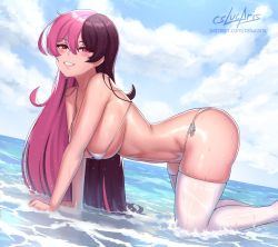 Rule 34 | 1girl, all fours, artist name, ass, bikini, breasts, brown eyes, brown hair, cloud, cloudy sky, commentary, cslucaris, english commentary, from side, grin, heterochromia, highres, large breasts, long hair, looking at viewer, micro bikini, neo politan, paid reward available, patreon username, pink eyes, pink hair, rwby, side-tie bikini bottom, sky, smile, solo, straight hair, swimsuit, thighhighs, thighs, water, watermark, web address, wet, white bikini, white thighhighs