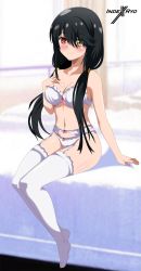 Rule 34 | 1girl, absurdres, bare arms, bare shoulders, bed, black hair, blush, bra, breasts, cleavage, closed mouth, date a live, derivative work, feet, garter straps, hair between eyes, hair ornament, heterochromia, highres, indexryo, large breasts, long hair, navel, panties, red eyes, smile, stomach, tagme, thighhighs, thighs, tokisaki kurumi, twintails, underwear, white thighhighs, yellow eyes