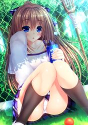 Rule 34 | 1girl, ball, blue bow, blue eyes, blue skirt, blush, bottle, bow, brown hair, chain-link fence, collarbone, commentary request, day, dutch angle, fence, forest, grass, hair between eyes, hair bow, hand up, high ponytail, highres, holding, holding bottle, holding towel, long hair, looking at viewer, nature, off-shoulder shirt, off shoulder, on grass, original, outdoors, panties, pantyshot, parted lips, plaid, plaid bow, plaid skirt, pleated skirt, ponytail, shirt, short sleeves, sitting, skirt, solo, sweat, towel, tree, underwear, very long hair, water bottle, white panties, white shirt, yunagi amane
