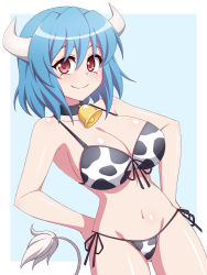 Rule 34 | 1girl, animal print, bell, bikini, blue hair, blush, breasts, cleavage, closed mouth, collar, collarbone, commission, covered erect nipples, cow girl, cow horns, cow print, cow tail, female focus, groin, hands on own hips, horns, jashin-chan dropkick, large breasts, looking at viewer, minos (jashin-chan dropkick), navel, neck bell, red eyes, shiny skin, short hair, side-tie bikini bottom, skeb commission, smile, solo, standing, swimsuit, tail, zetsumu