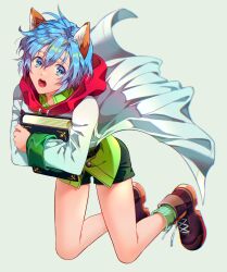Rule 34 | 1boy, absurdres, animal ears, blue eyes, blue hair, book, cat boy, cat ears, commentary request, eyelashes, full body, green shorts, green socks, hair between eyes, highres, holding, holding book, lab coat, leon geeste, light blue hair, male focus, midair, open mouth, png (kkcu7283), shoes, short hair, shorts, socks, solo, star ocean, star ocean the second story, white background