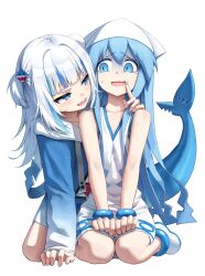 Rule 34 | 2girls, blue eyes, blue hair, blue jacket, bracelet, commentary request, crossover, dress, fins, fish tail, gawr gura, gawr gura (1st costume), highres, hololive, hololive english, ikamusume, jacket, jewelry, long hair, long sleeves, looking at another, multicolored hair, multiple girls, open mouth, shark tail, sharp teeth, shinryaku! ikamusume, shoes, simple background, sitting, smile, superpig, tail, tears, teeth, tentacle hair, virtual youtuber, white background, white dress, white footwear, white hair