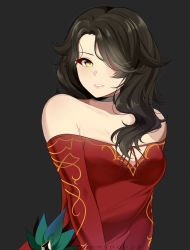 Rule 34 | 1girl, artist name, bare shoulders, black background, black choker, black hair, breasts, choker, cinder fall, cleavage, dress, grin, hair over one eye, jpeg artifacts, lips, long hair, orange eyes, red dress, rwby, simple background, smile, solo, strapless, strapless dress, sunnypoppy, yellow eyes