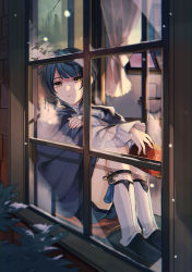 Rule 34 | 1boy, absurdres, blue hair, boots, closed mouth, condensation, curtains, earrings, frilled sleeves, frills, from outside, genshin impact, highres, holding, jewelry, knee boots, long sleeves, male focus, nakura hakuto, shorts, single earring, sitting, snow, snowing, solo, tassel, white footwear, window, xingqiu (genshin impact), yellow eyes
